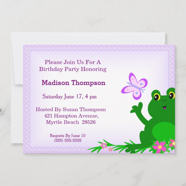 Girly Frog Birthday Party Invitation (Front)