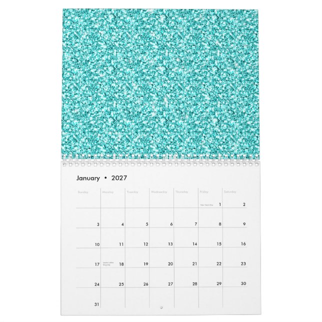 Girly, Fun Aqua Blue Glitter Printed Calendar (Jan 2027)