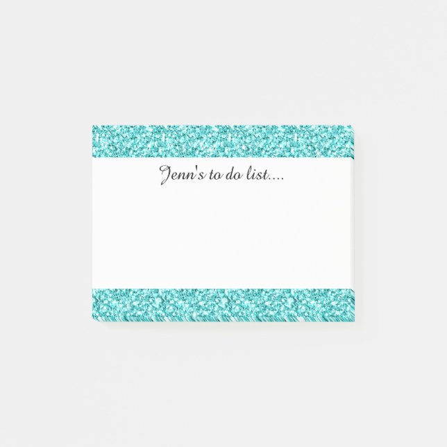 Girly, Fun Aqua Blue Glitter Printed Post-it Notes (Front)