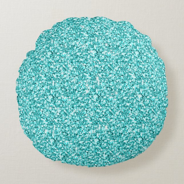 Girly, Fun Aqua Blue Glitter Printed Round Cushion (Front)