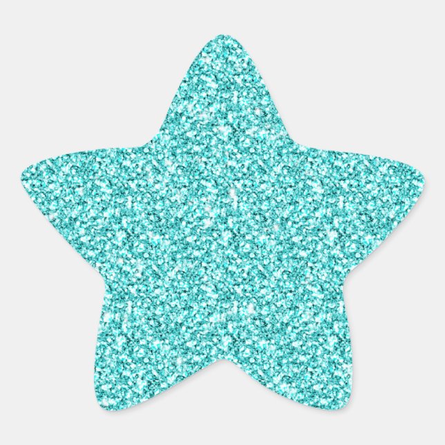 Girly, Fun Aqua Blue Glitter Printed Star Sticker (Front)
