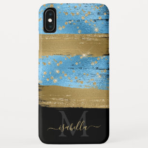 Girly Fun Blue Gold Glitter Script Monogrammed iPhone XS Max Case