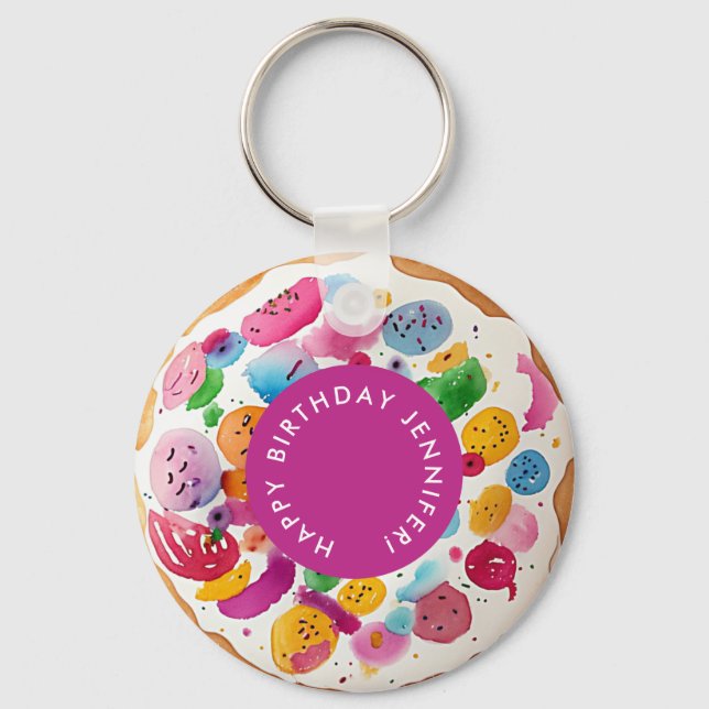Girly Fun Colourful Hot Pink White Doughnut Waterc Key Ring (Front)