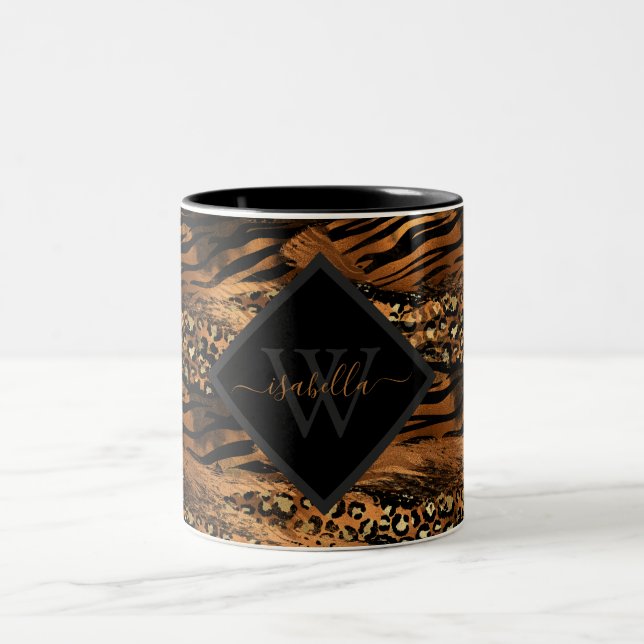 Girly Fun Modern Copper Glitter Script Monogram Tw Two-Tone Coffee Mug (Center)