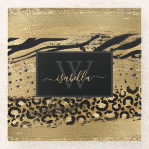 Girly Fun Modern Gold Glitter Script Monogram Glass Coaster