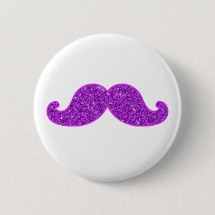 Girly fun retro moustache purple glitter 6 cm round badge