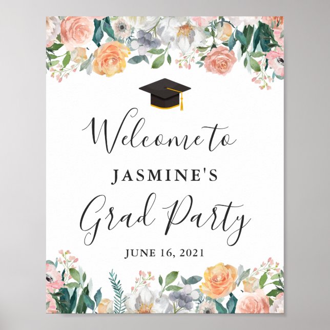 Girly Garden Roses Floral Graduation Party Sign (Front)