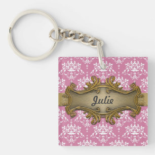 Girly Gawdy Pink and White Damask With Gold Key Ring