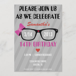 Girly Geek Glasses & Hearts Birthday Invitation