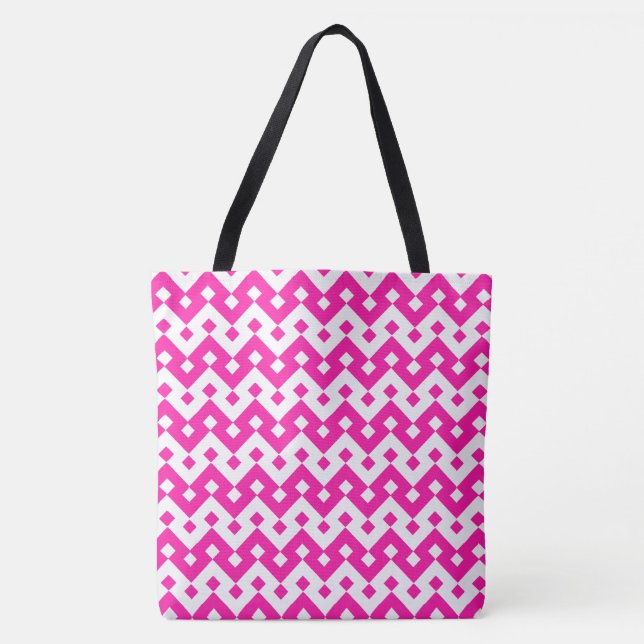 Girly Geometric Candy Pink and White Pattern Tote Bag (Front)