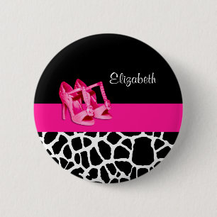 Girly Giraffe Print Cute Pink Pumps Shoes and Name 6 Cm Round Badge