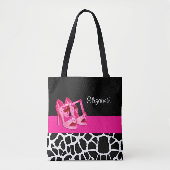 Girly Giraffe Print Cute Pink Pumps Shoes and Name Tote Bag (Front)