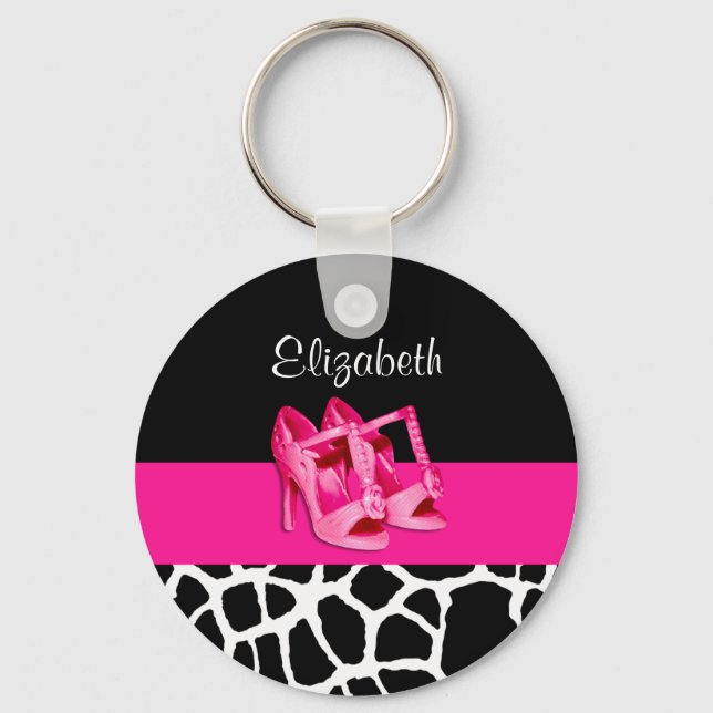 Girly Giraffe Print Cute Pink Shoes With Name Key Ring (Front)