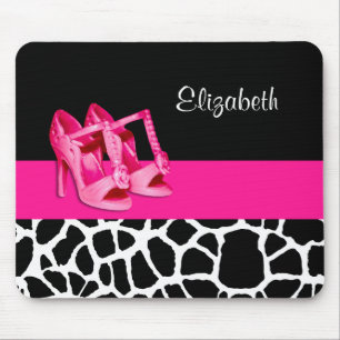 Girly Giraffe Print Cute Pink Shoes With Name Mouse Pad