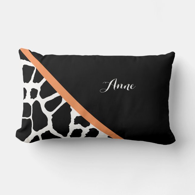 Girly Giraffe Print Modern Orange Stripe With Name Lumbar Cushion (Front)