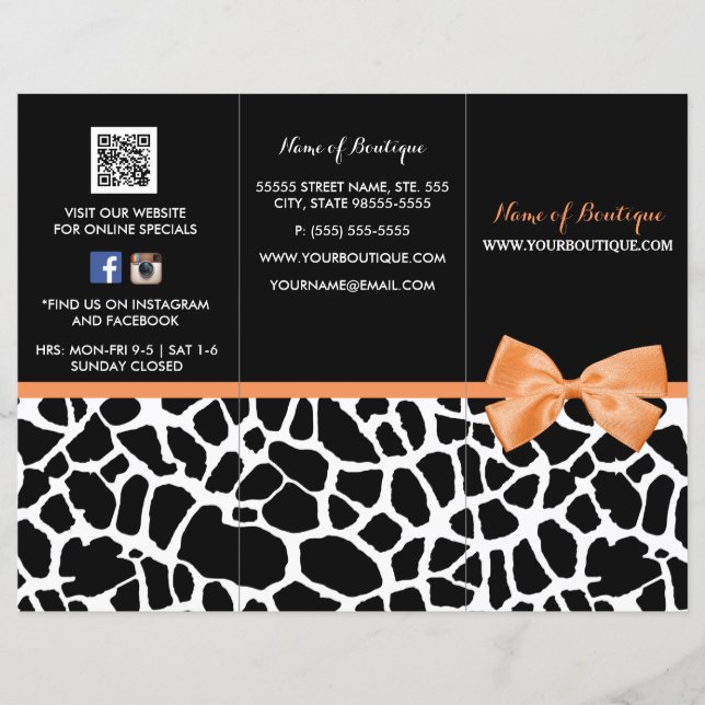 Girly Giraffe Print Orange Bow Boutique Brochure (Front)
