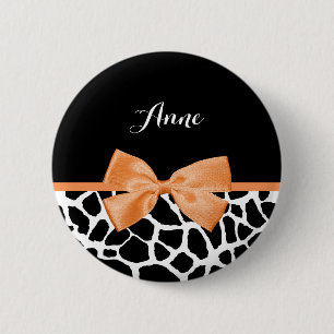 Girly Giraffe Print Orange Ribbon Bow With Name 6 Cm Round Badge