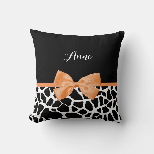 Girly Giraffe Print Orange Ribbon Bow With Name Cushion (Front)