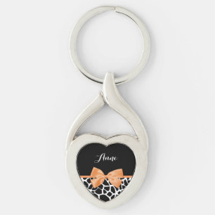 Girly Giraffe Print Orange Ribbon Bow With Name Key Ring