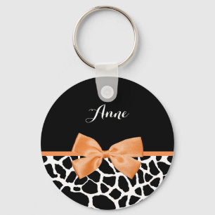 Girly Giraffe Print Orange Ribbon Bow With Name Key Ring