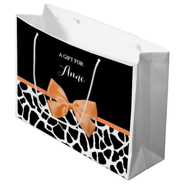 Girly Giraffe Print Orange Ribbon Bow With Name Large Gift Bag (Front Angled)