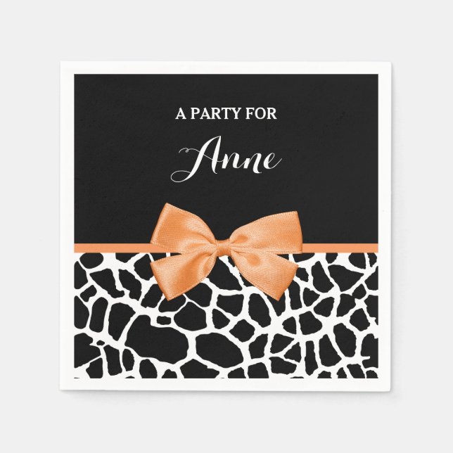 Girly Giraffe Print Orange Ribbon Bow With Name Napkin (Front)