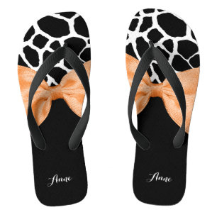 Girly Giraffe Print Orange Ribbon Bow With Name Thongs