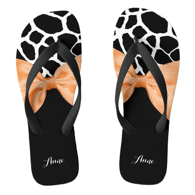 Girly Giraffe Print Orange Ribbon Bow With Name Thongs (Footbed)