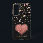 Girly Girl Glam Pink Glitter Heart Samsung Galaxy Case<br><div class="desc">Pink and gold confetti on a black background topped with a glittery rose gold heart.  This pretty phone case is perfect for those girly girls who love a bit of glam in their life.  Add you name to make it your own.</div>