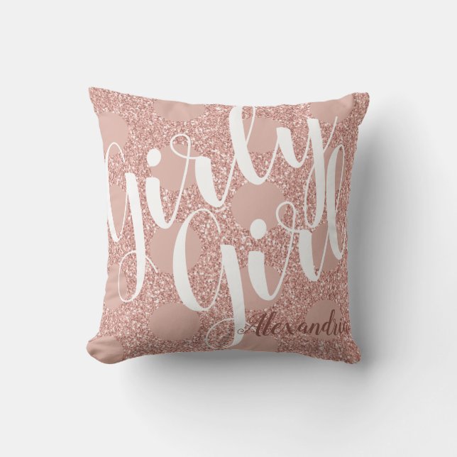 Girly Girl Rose Blush Glitter Polka Dot Named Thro Cushion (Front)
