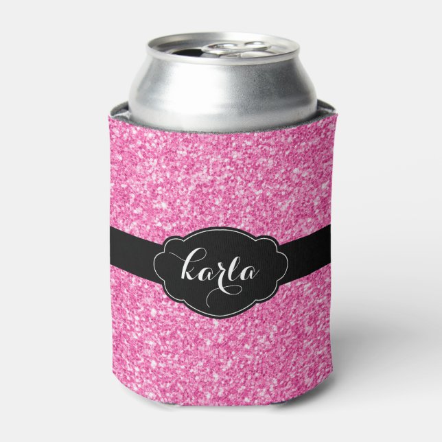 Girly Girly Pink Glitter Texture Black Accents Can Cooler (Can Front)