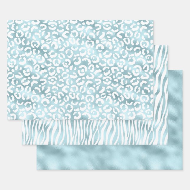 Girly Glam Aqua Blue Animal Print Wrapping Paper Sheet (Set)