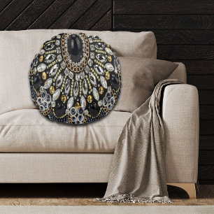 girly glam art deco black gold bohemian  round cushion