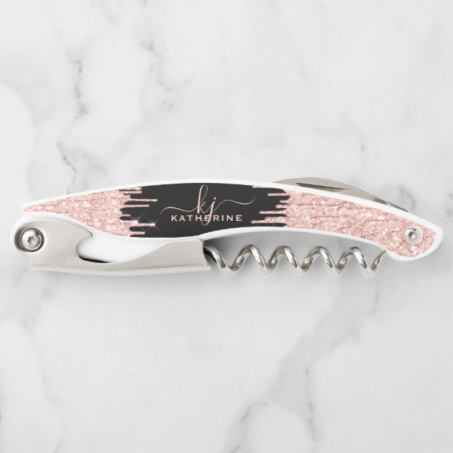Girly Glam Black Rose Gold Glitter Drips Monogram Corkscrew (Front)