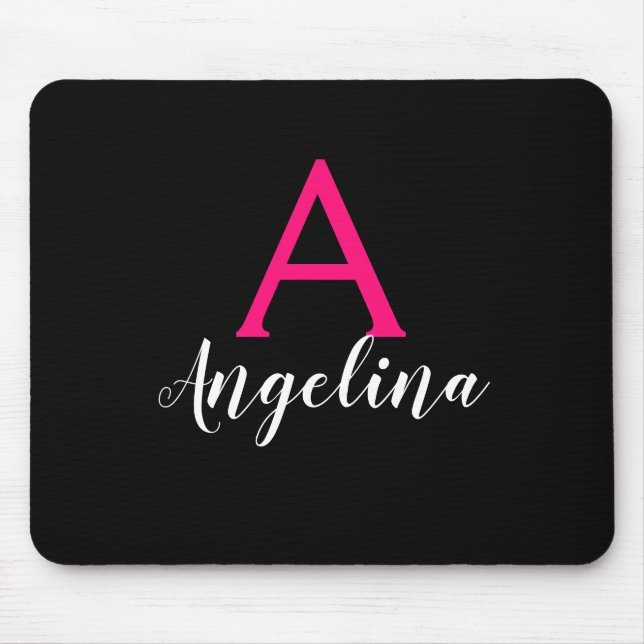 Girly & Glam Black, White, Hot Pink Monogram Name Mouse Pad (Front)