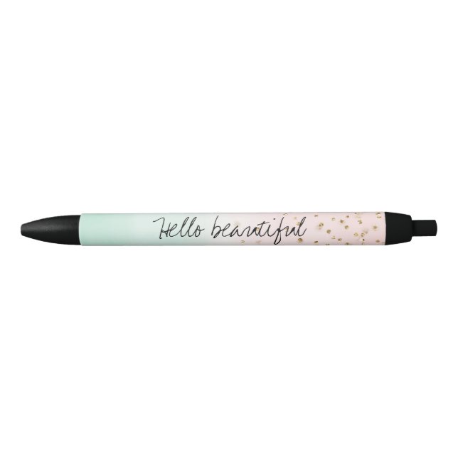 Girly Glam Blush Pink Mint Gold Sparkle Confetti Black Ink Pen (Front)
