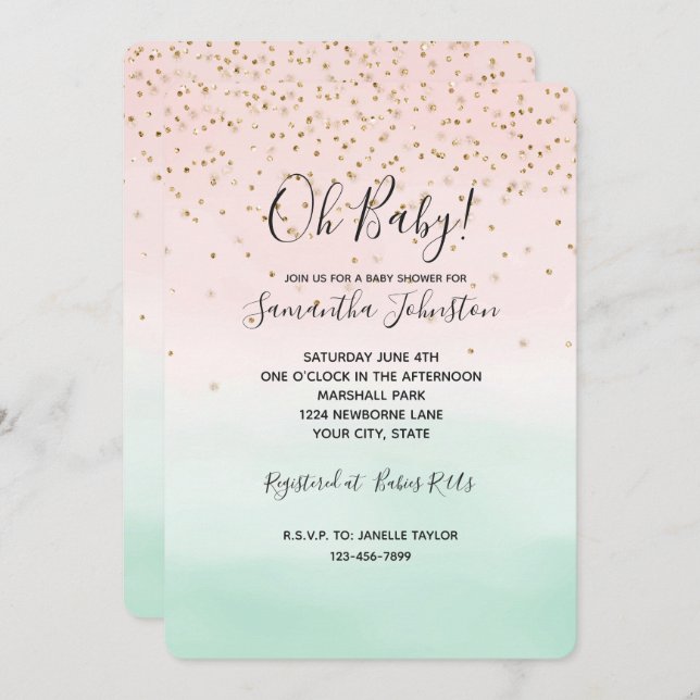 Girly Glam Blush Pink Mint Gold Sparkle Confetti Invitation (Front/Back)