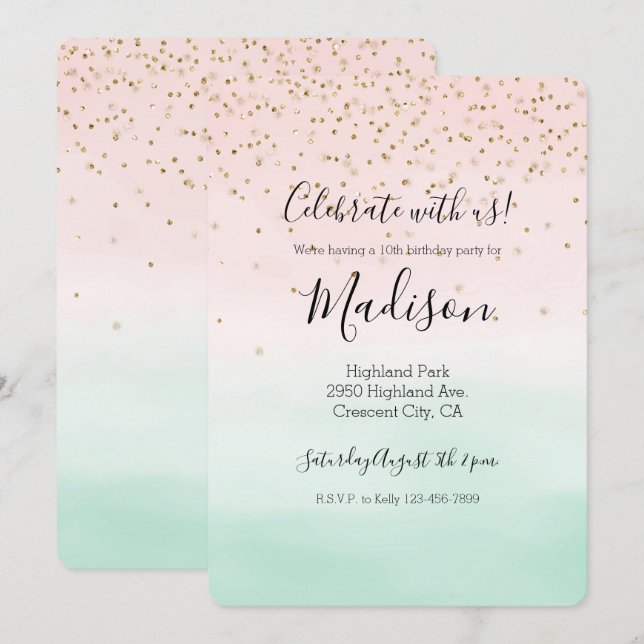 Girly Glam Blush Pink Mint Gold Sparkle Confetti Invitation (Front/Back)
