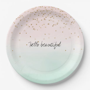 Girly Glam Blush Pink Mint Gold Sparkle Confetti Paper Plate