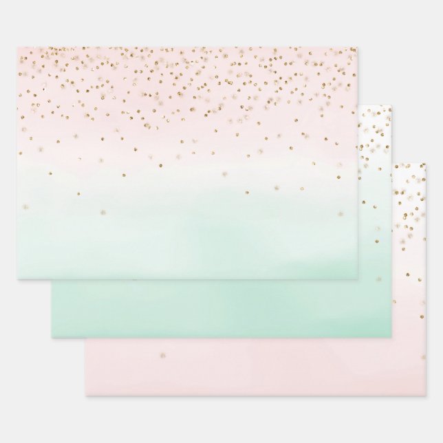 Girly Glam Blush Pink Mint Gold Sparkle Confetti Wrapping Paper Sheet (Set)