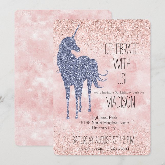 Girly Glam Blush Pink Purple Unicorn Glitter Invitation (Front/Back)
