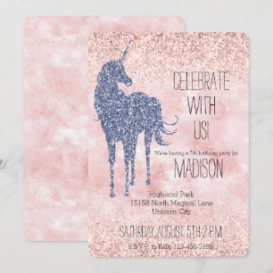 Girly Glam Blush Pink Purple Unicorn Glitter Invitation