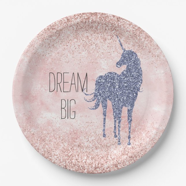 Girly Glam Blush Pink Purple Unicorn Glitter Paper Plate (Front)