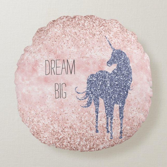 Girly Glam Blush Pink Purple Unicorn Glitter Round Cushion (Front)