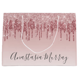 Girly Glam Blush Pink Rose Gold Glitter Drips Name Large Gift Bag