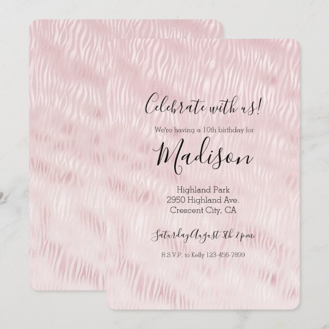 Girly Glam Blush Pink Zebra Print Invitation (Front/Back)