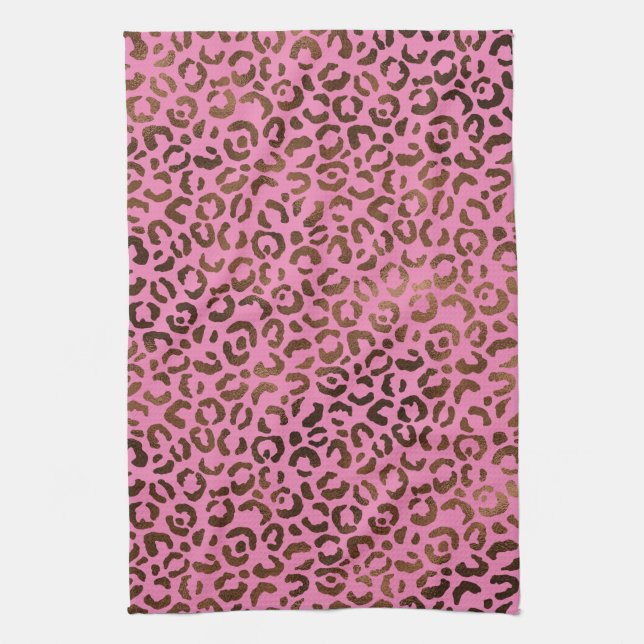 Girly Glam Brown Pink Leopard Print Tea Towel (Vertical)