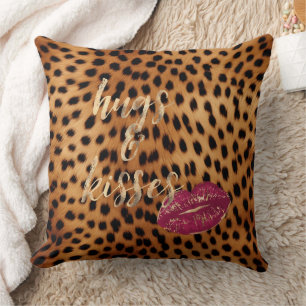 Girly Glam Cheetah Leopard Hugs & Kisses Lips Cushion