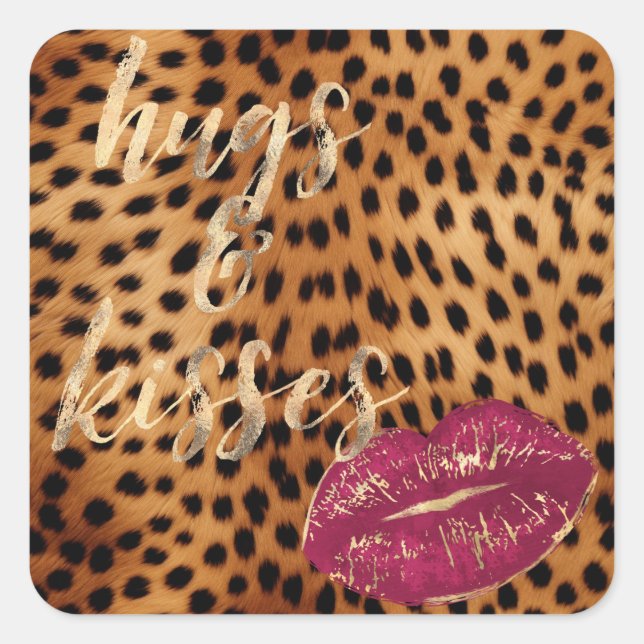 Girly Glam Cheetah Leopard Hugs & Kisses Lips Square Sticker (Front)