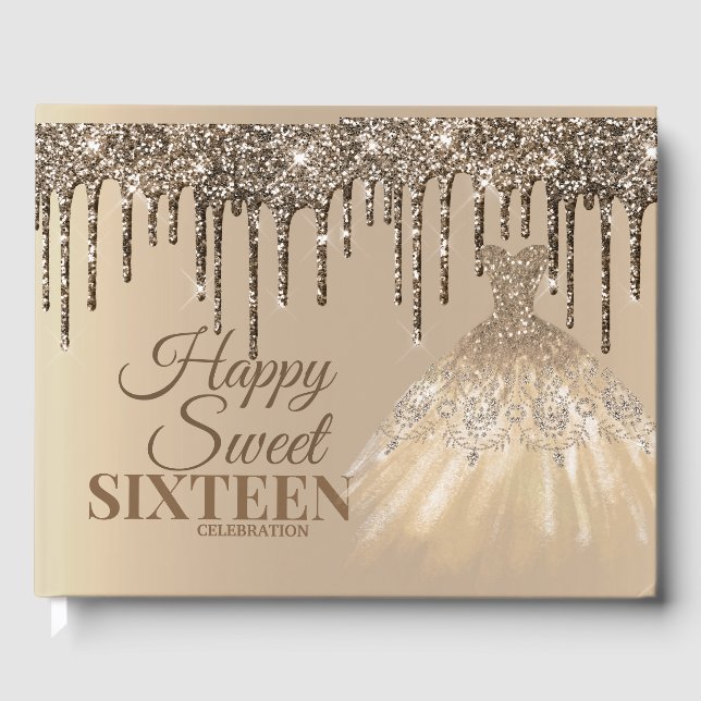 Girly Glam Glitter Drips Spark Sweet 16 Birthday Guest Book (Front)
